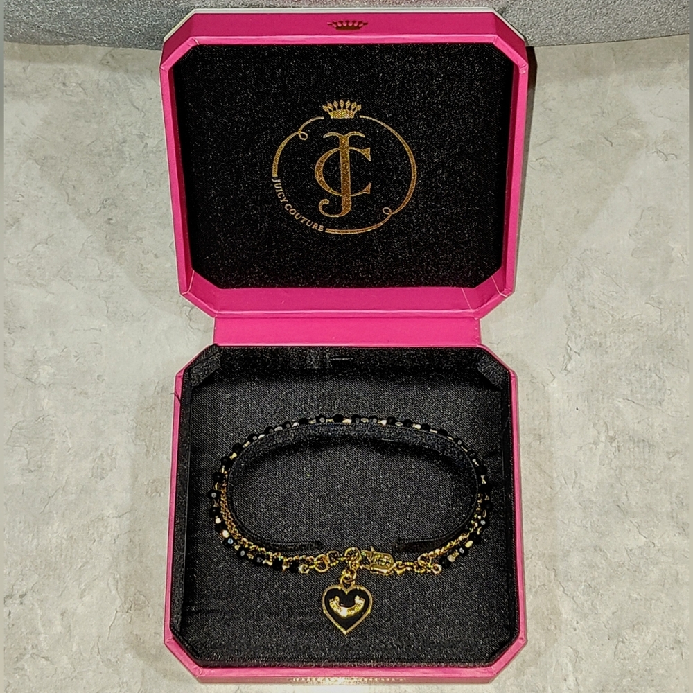 JUICY COUTURE BLACK HEART BEAD & GOLD  CHAIN BRACELET WITH HEART CHARM 2-STRAND